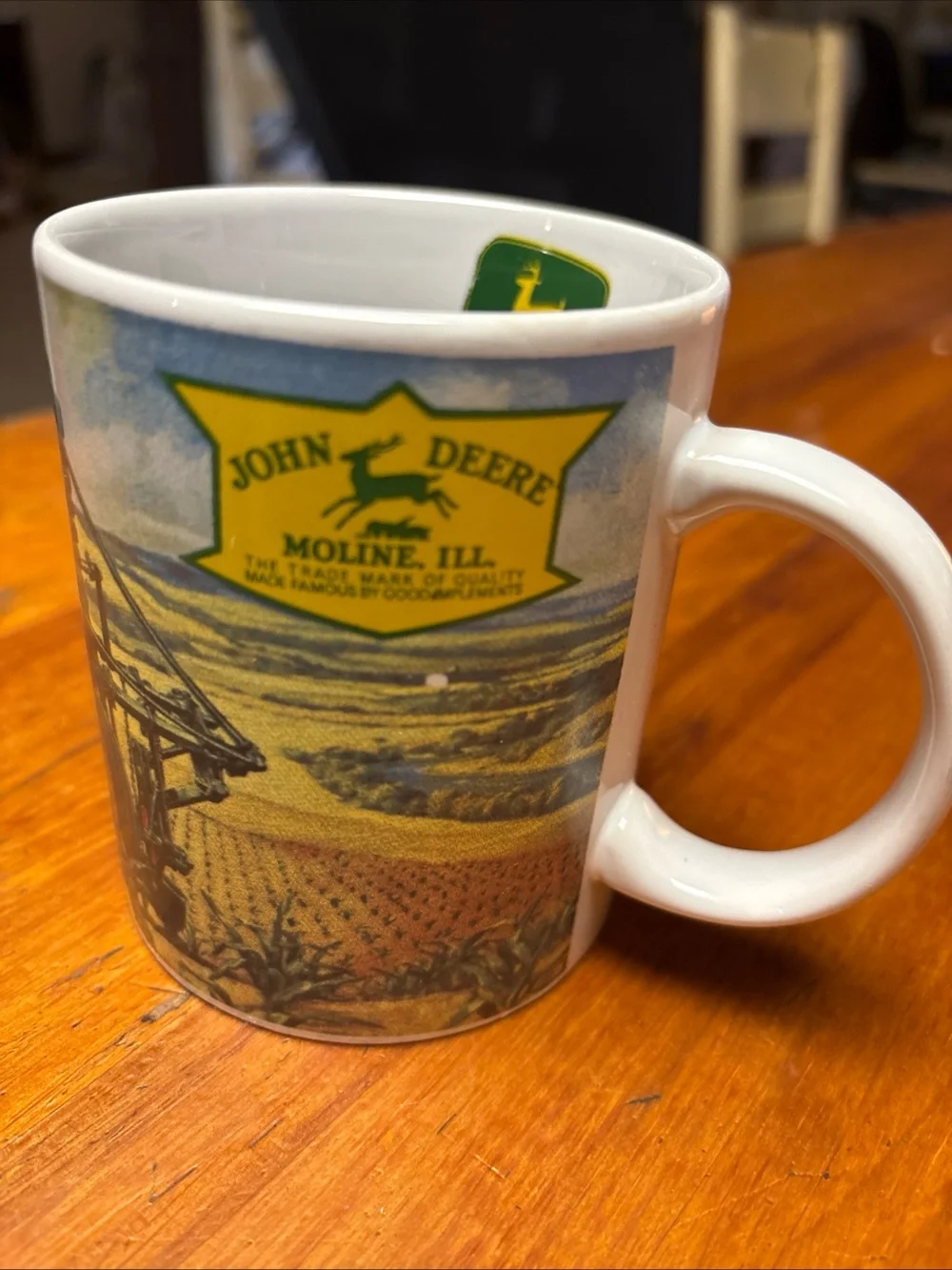 VTG John Deere White Ceramic Farm Scene Coffee Mug with Rural Artwork